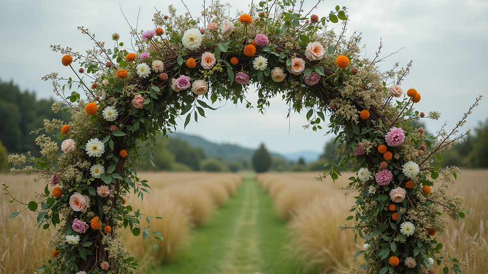 Eye-level view of a rustic wedding floral arch with mixed wildflowers and greenery