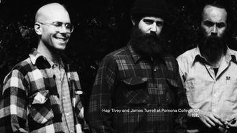 Black-and-white archival photo of Hap Tivey and James Turrell with a third man at Pomona College.