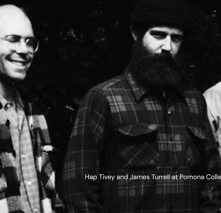 Black-and-white archival photo of Hap Tivey and James Turrell with a third man at Pomona College.