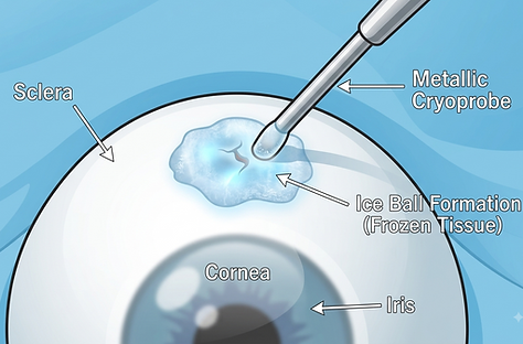 Cryotherapy probe applied to sclera to seal retinal tear during detachment repair surgery