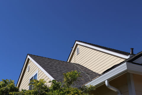 Asphalt shingle roof and yellow siding