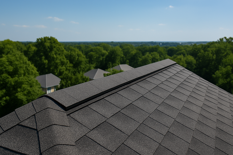 Close-up of a gray shingled roof under a clear blue sky, surrounded by lush green trees and distant rooftops. Calm and serene setting.
