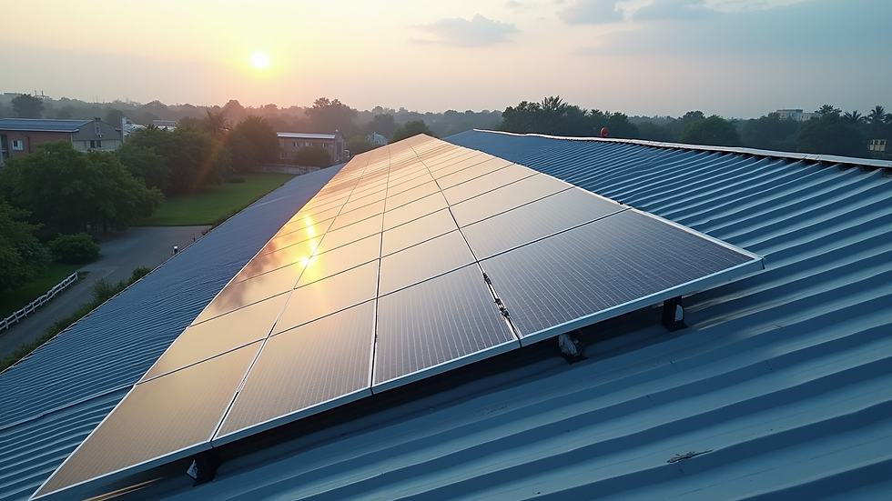 High angle view of a commercial roof with solar panels installed