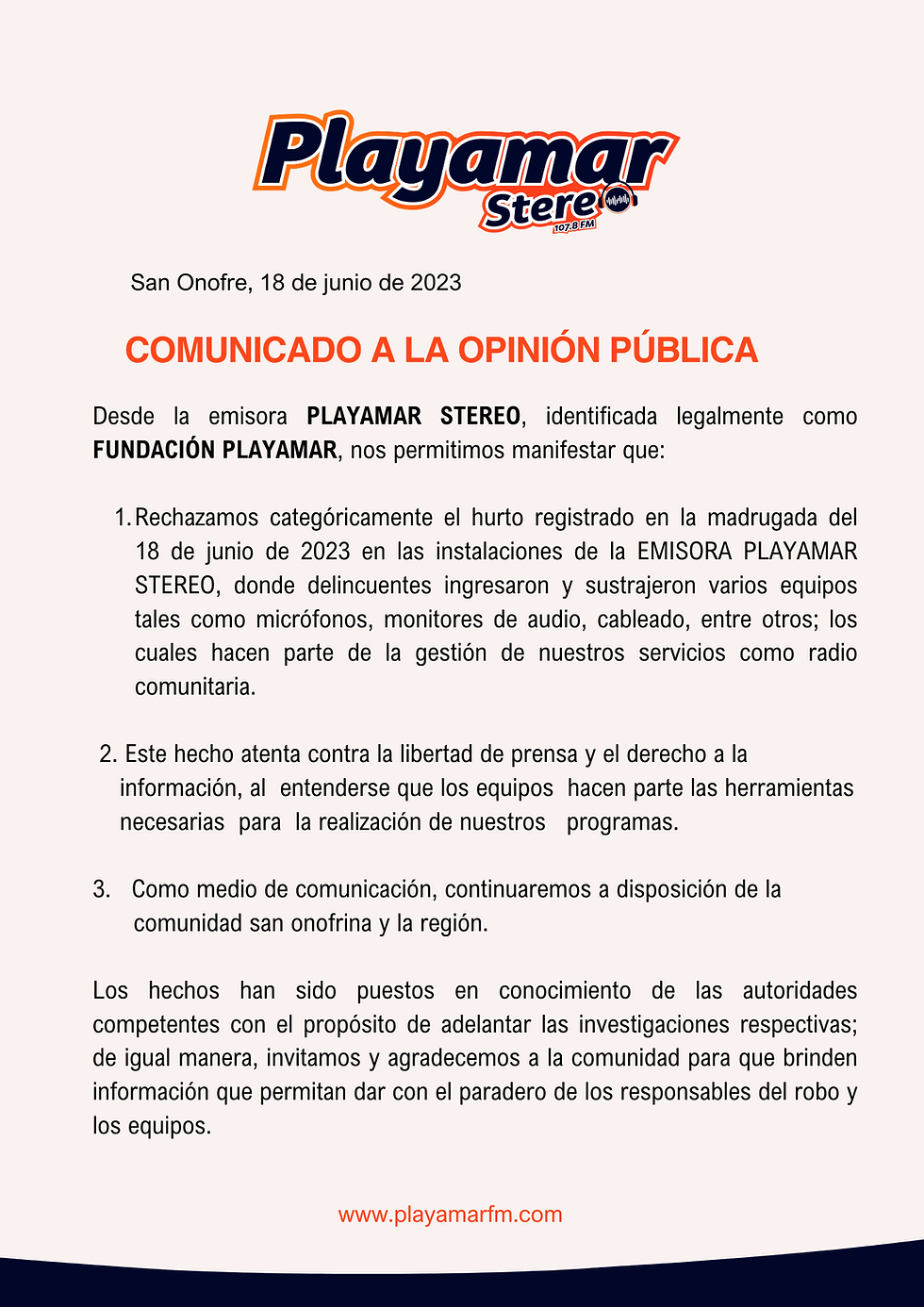 Rechazamos categóricamente el hurto registrado en la madrugada del 18 de junio de 2023 en las instalaciones de la EMISORA PLAYAMAR STEREO