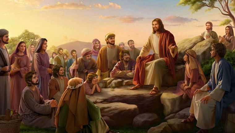 Imagem representando o momento em que Jesus sobre as montanhas e faz um sermão para a multidão que o seguia.