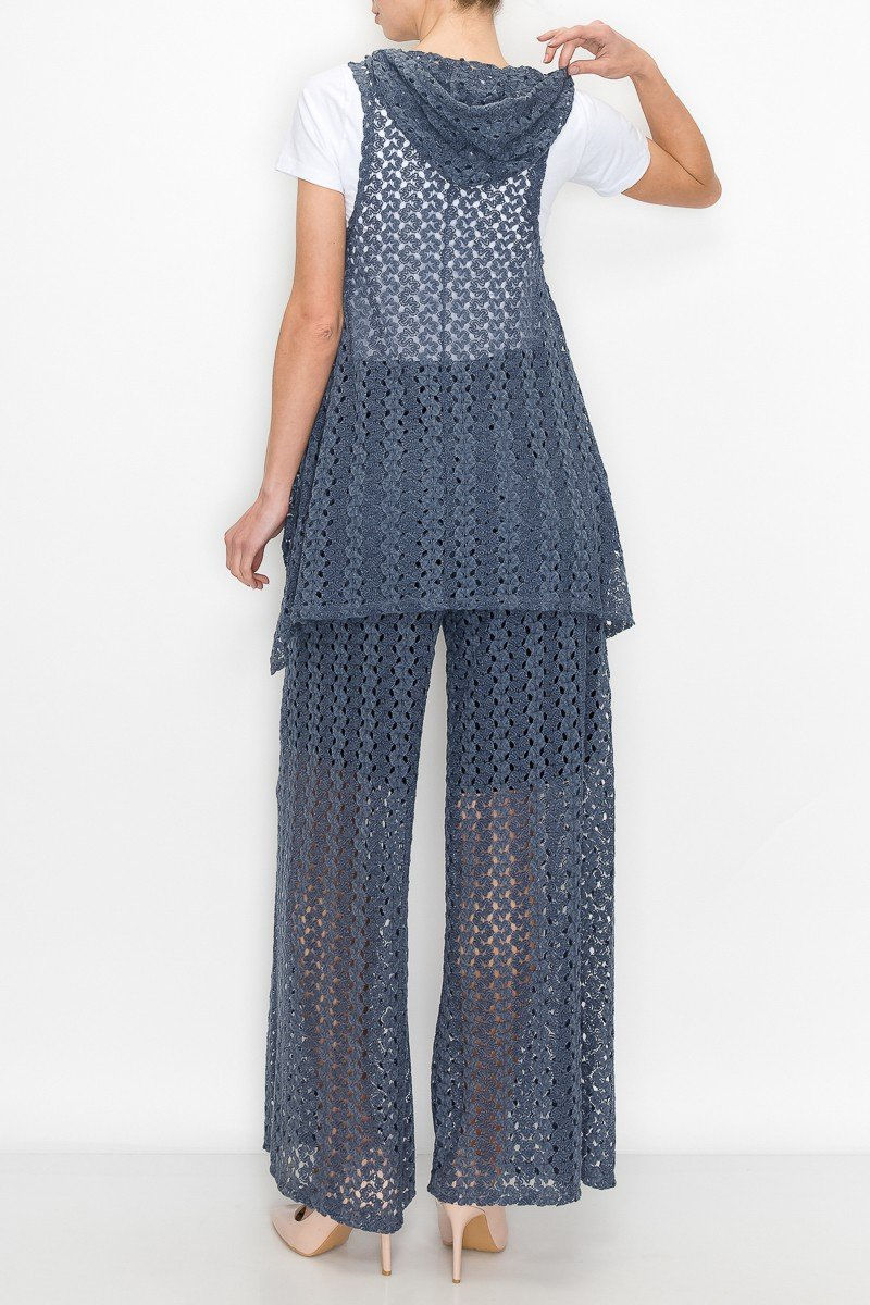 Miniatyrbilde: Sleeveless Hooded Top and Wide Leg Pants Set - Denim Blue