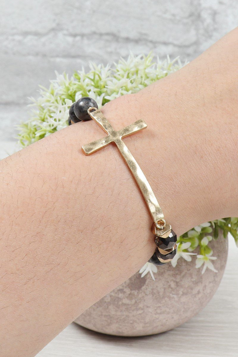 Thumbnail: Hdb2998 - Mix Beads Hammered Cross Bracelet