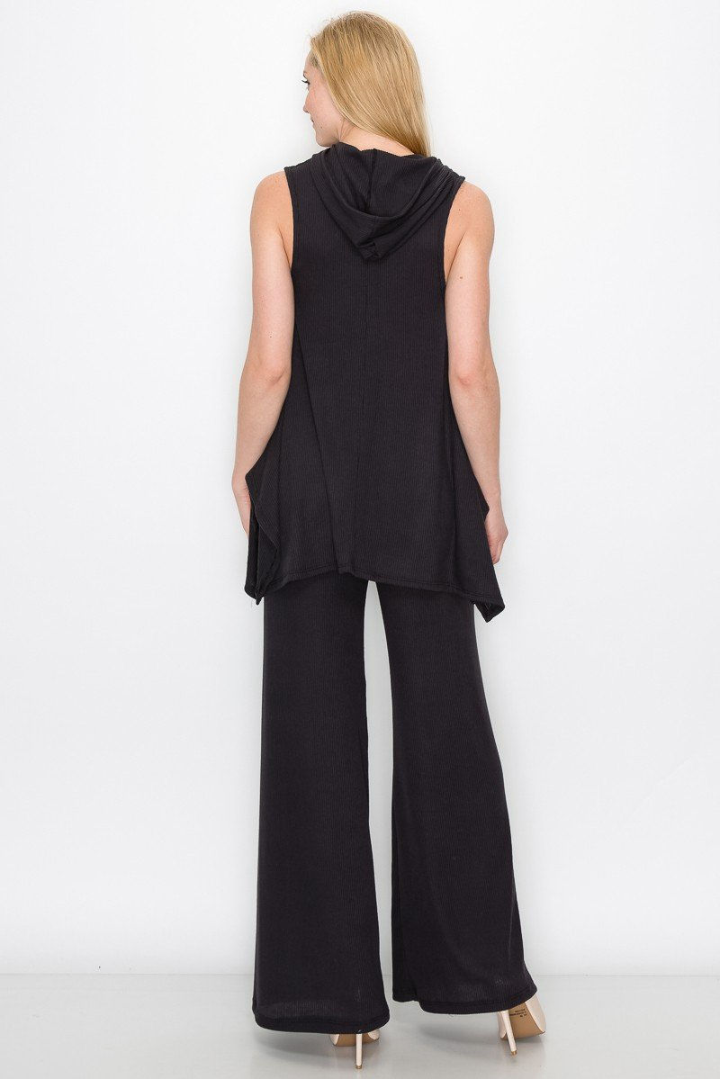 Thumbnail: Sleeveless Hooded Top and Wide Leg Pants Set - Black