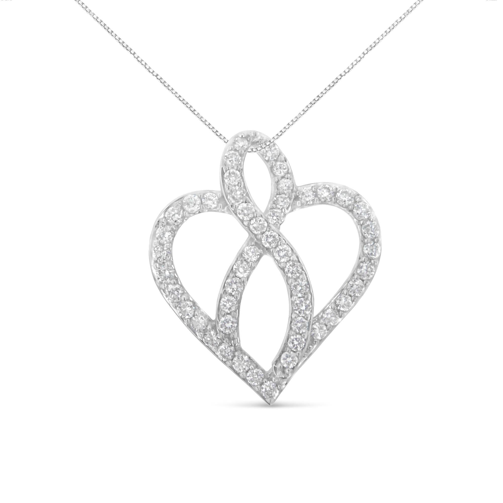 14KT White Gold 1 Cttw Diamond Heart Ribbon Pendant Necklace (H-I, I1-I2)