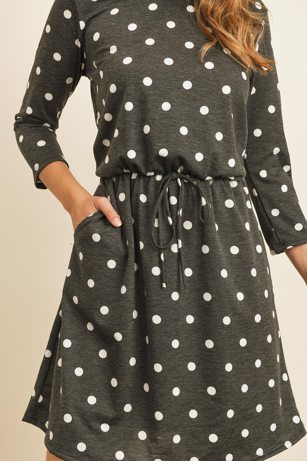Thumbnail: Polka Dot Print French Terry Cinch Waist Tie Front Dress With Pockets