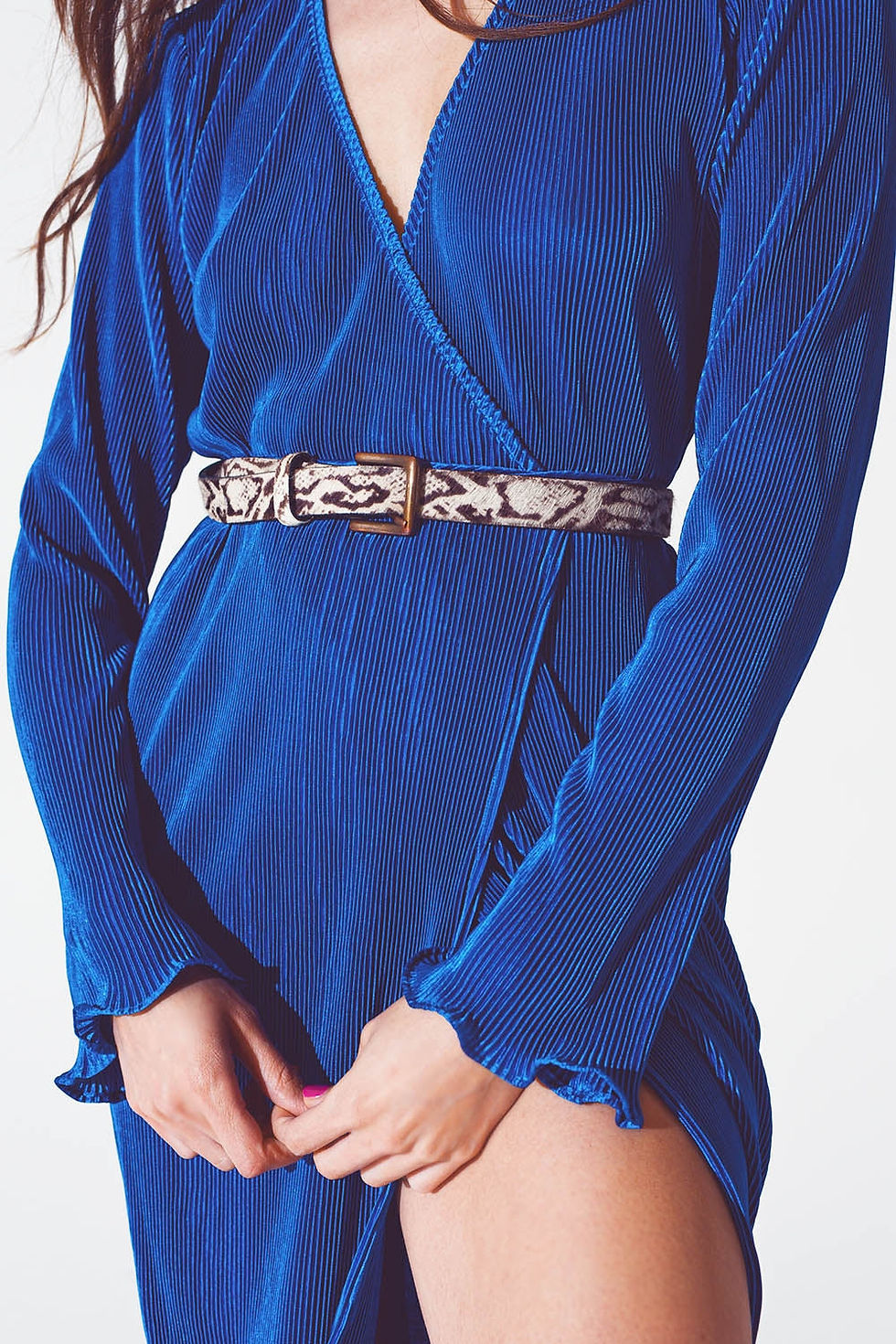 Thumbnail: Satin Wrap Detail Pleated Dress in Blue