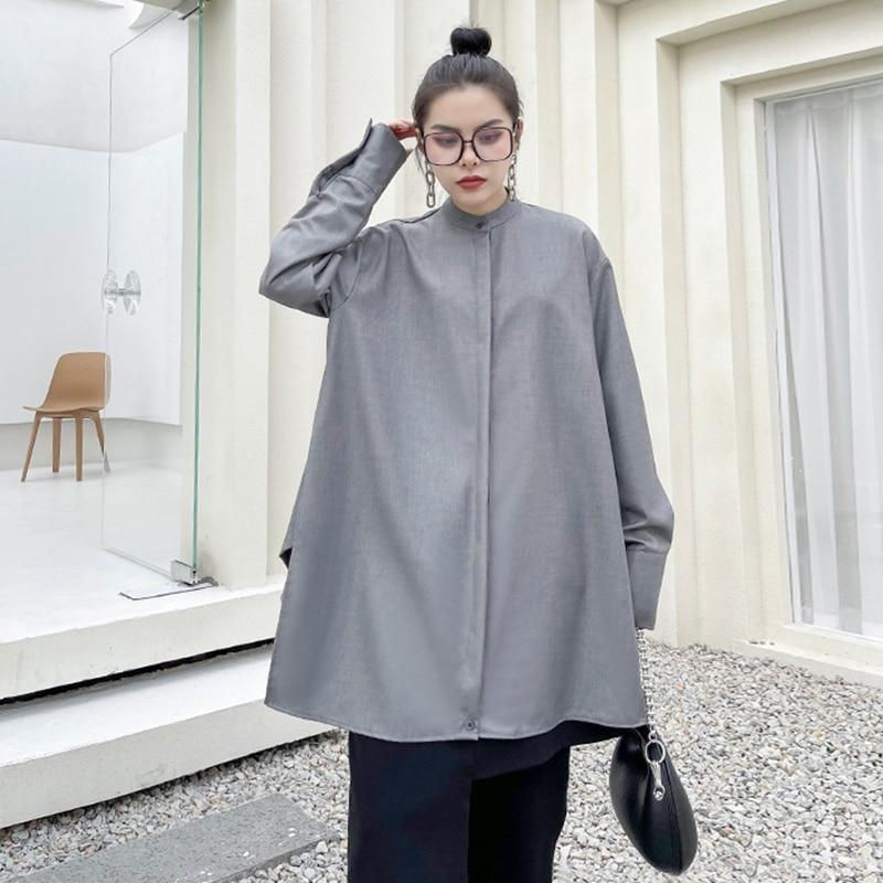 Miniatyrbilde: Kume Loose Stand Collar Long Sleeve Shirt - Gray