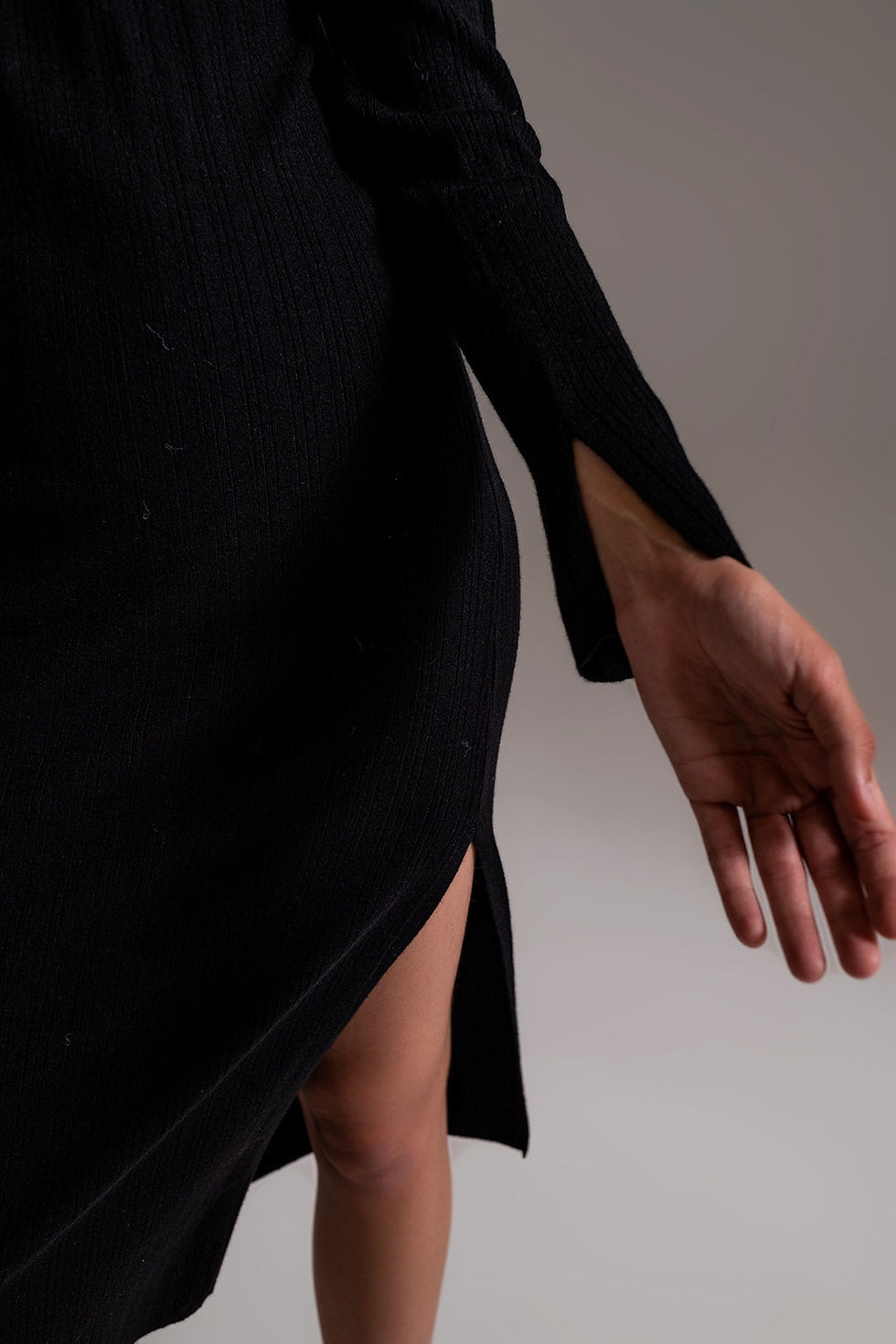 Thumbnail: Midi Knit Dress With Square Neckline in Black