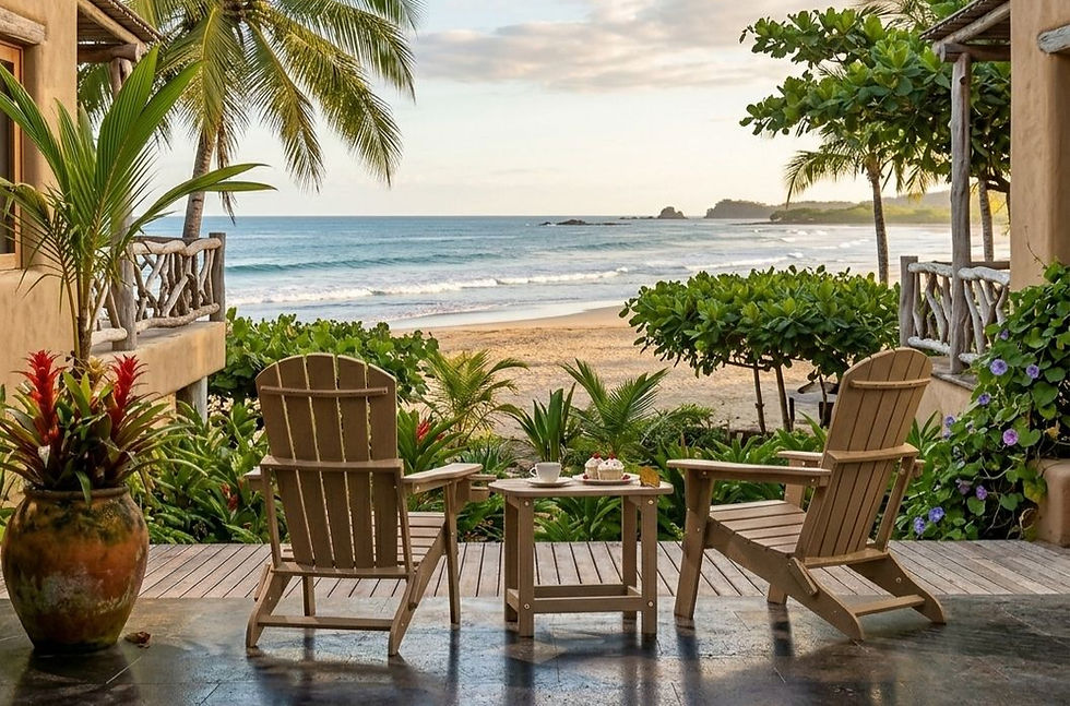 Thumbnail: Adirondack chairs and table on patio overlooking tropical beach
