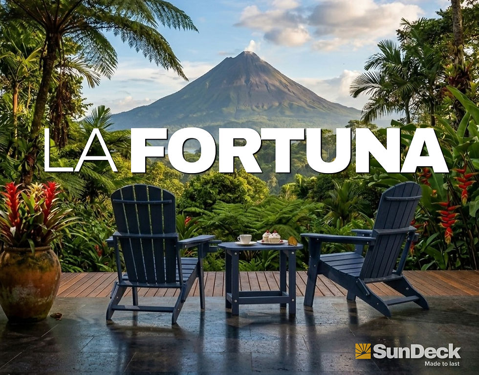 Eye-level view of a blue HDPE Adirondack chair on a tropical terrace