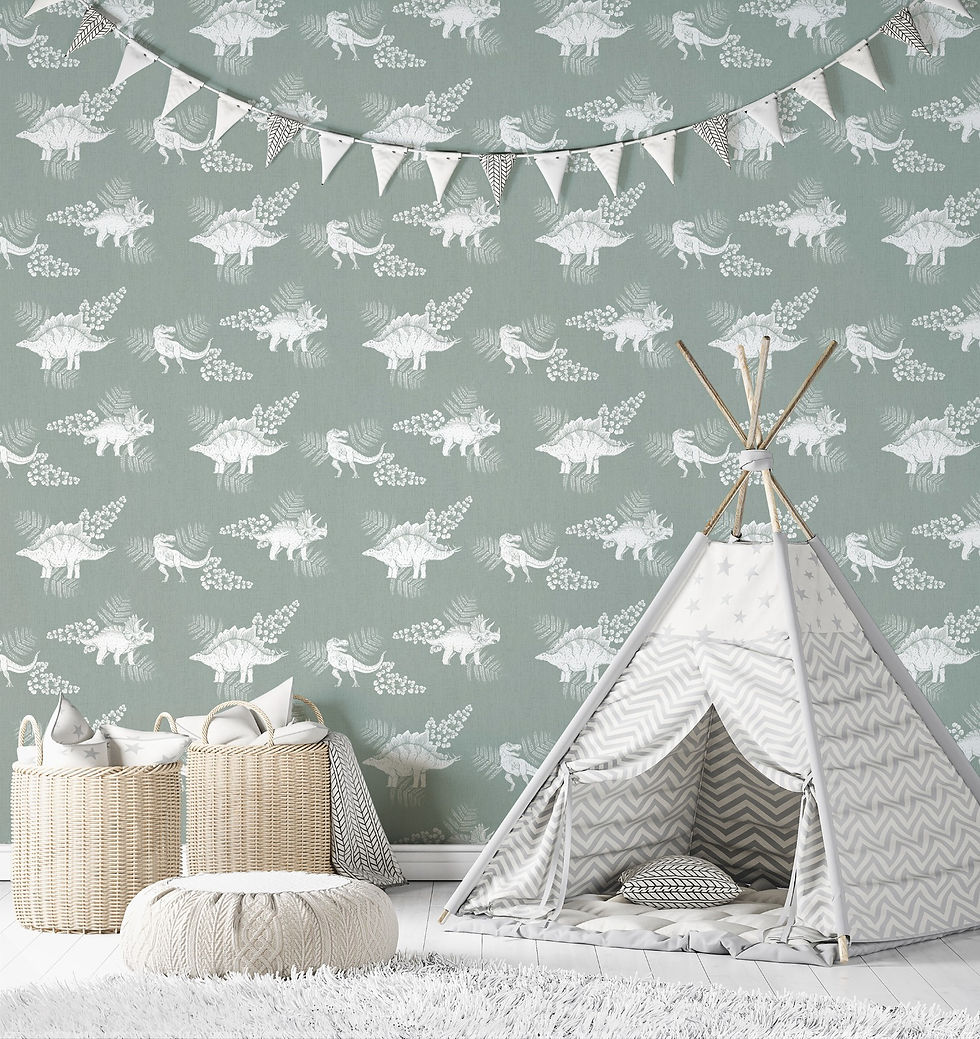 Habitación infantil con tipi, cestos y papel pintado de dinosaurios.