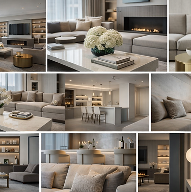 Open-plan living space combining lounge and kitchen with integrated cabinetry and neutral finishes