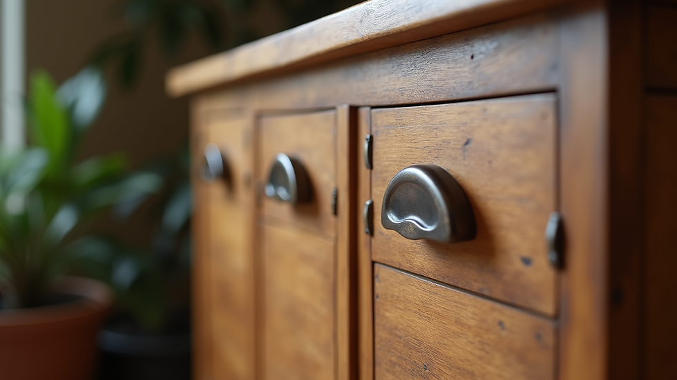 Close-up view of handcrafted wooden cabinet with metal handles
