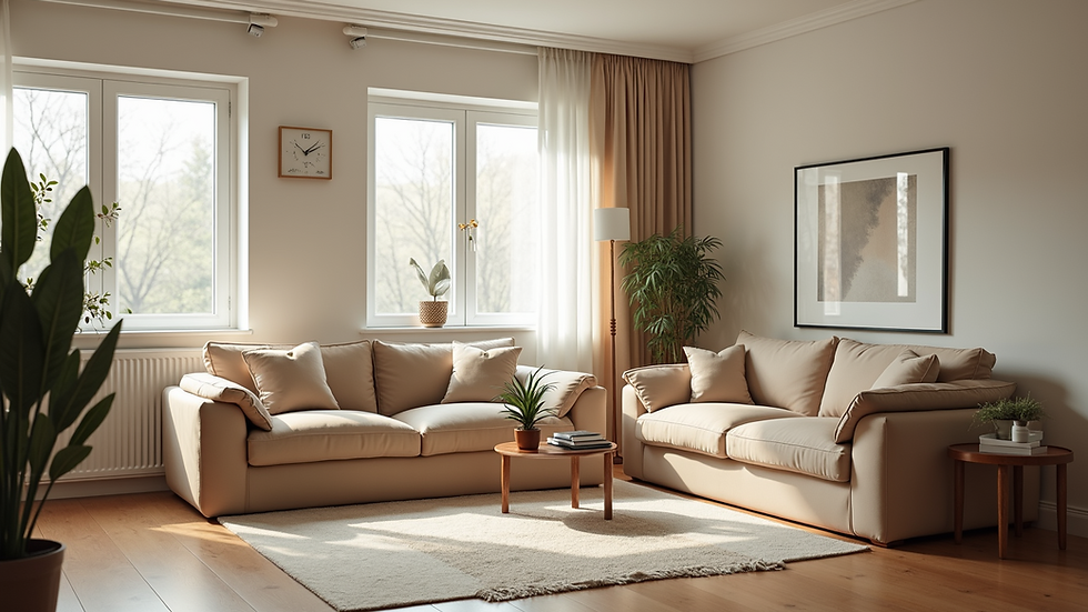 Eye-level view of a living room with neutral tones and wooden furniture