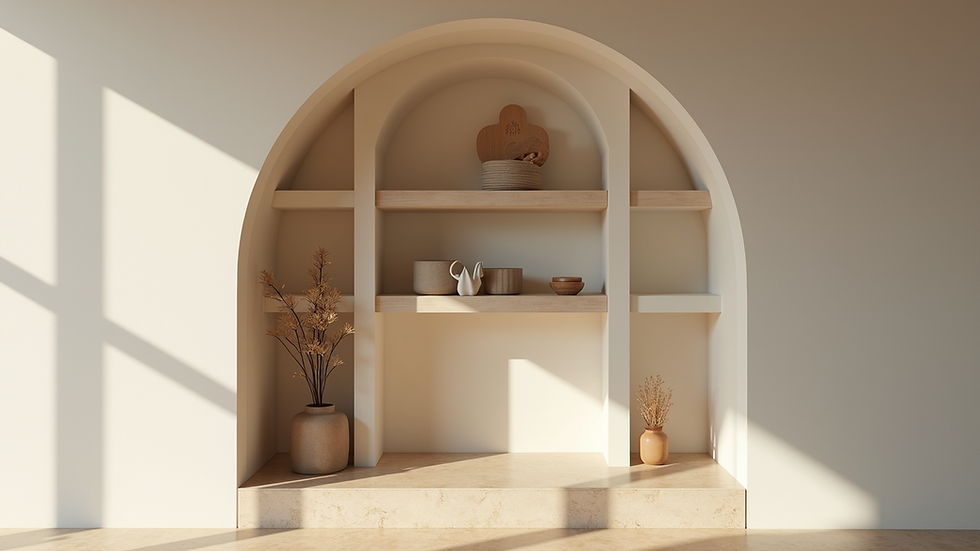 Close-up view of an arched niche with built-in shelves displaying decorative items