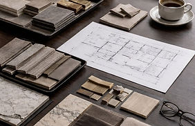 Interior design material samples and architectural floor plan on wooden desk.