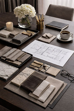 Interior design materials and architectural floor plan displayed on a workspace table.
