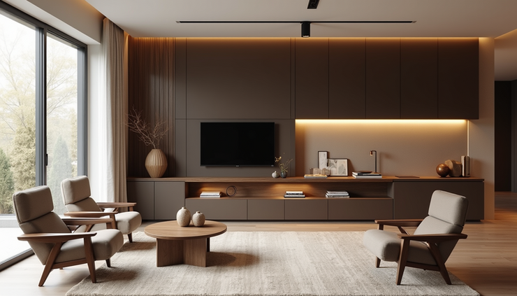 Eye-level view of a modern living room with obsidian brown cabinetry and soft neutral walls