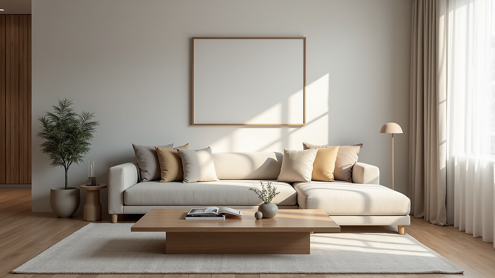 Eye-level view of a minimalist living room with a wooden coffee table and neutral sofa