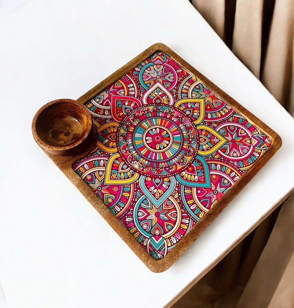 Square Snack Platter with 1 bowl - Colorful mandala