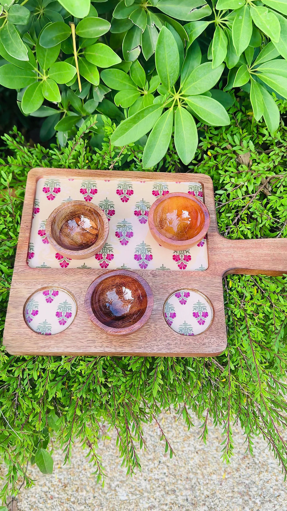 Thumbnail: Mango Wood Tray with 3 bowls - Pink Floral