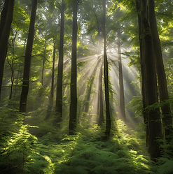 Bild im oberen Bereich mit wunderschönem Wald mit Lichteinfall