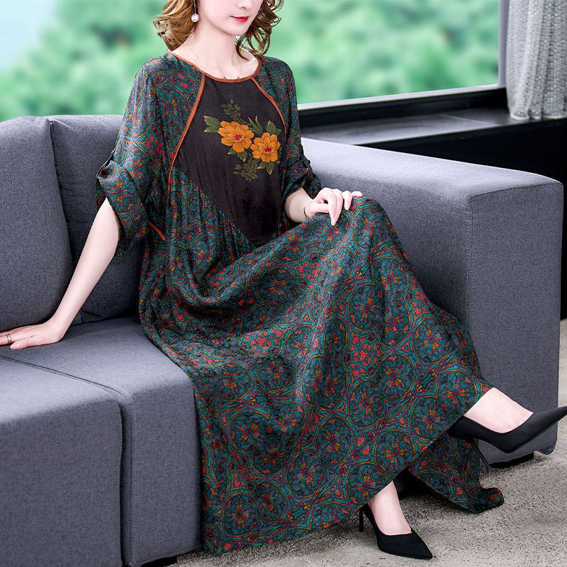 2025 Floral Mulberry Silk Maxi Dress Women Korean Vintage Casual Evening Dress S