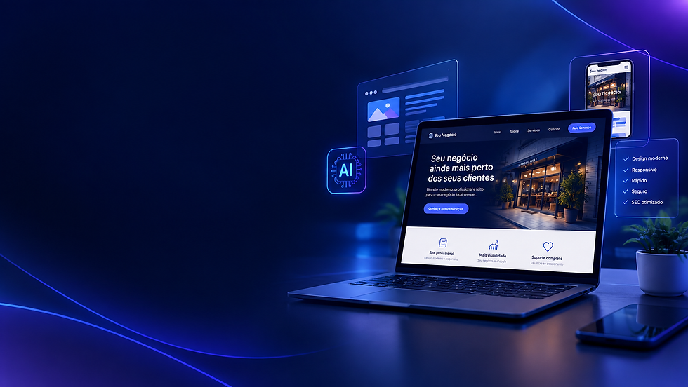 Notebook mostrando um site profissional em uma mesa, com fundo azul escuro tecnológico e elementos de interface flutuando