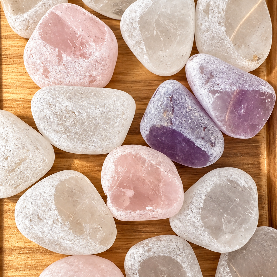 Assorted River Tumbled Quartz Seer Stones in Clear Quartz, Rose Quartz and Amethyst