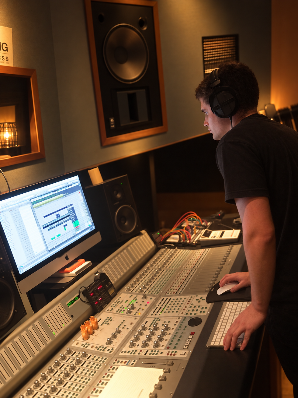 Brendan Keenan working at the mixing console at Cove City Sound Studios during the production of Elemental Codes by Tabytha Polaris.