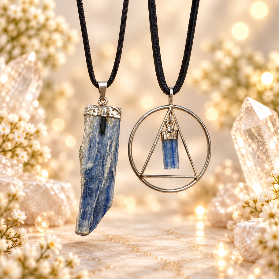 Two styles of blue Kyanite pendant necklaces with sterling silver settings