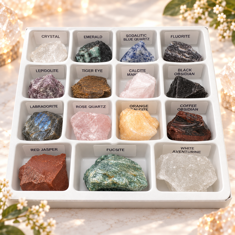 Assorted natural mineral and crystal specimens displayed in organized storage box
