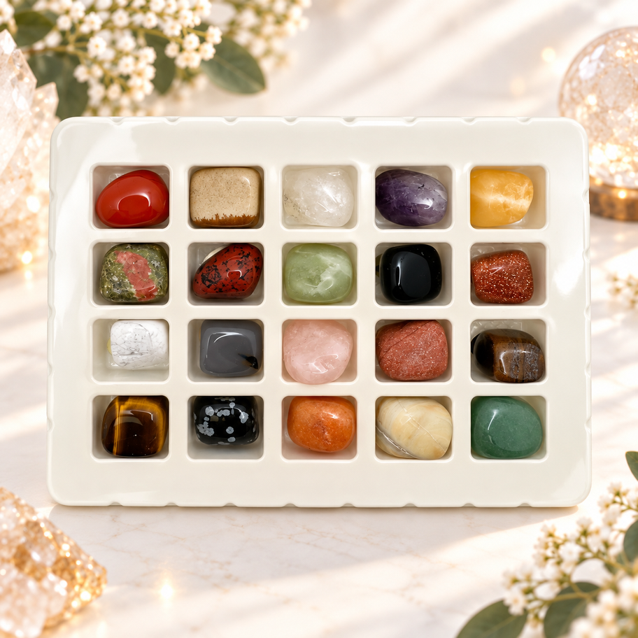 Colorful assortment of 20 natural semi-precious stones and crystals