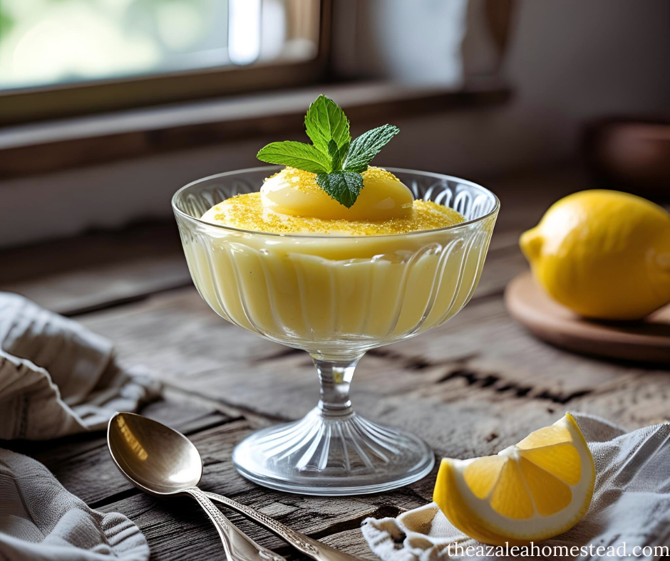 Homemade Lemon Pudding in bowl with fresh lemons