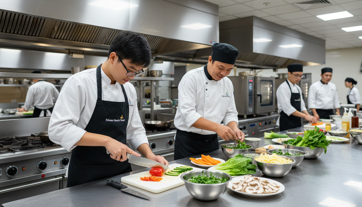 Close-up view of Vietnamese students preparing ingredients beside Taiwan hotel kitchen staff.