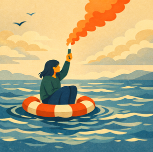 Person on life preserver in ocean, holding a flare with orange smoke. Birds in sky, island in distance. Calm mood, warm colors.