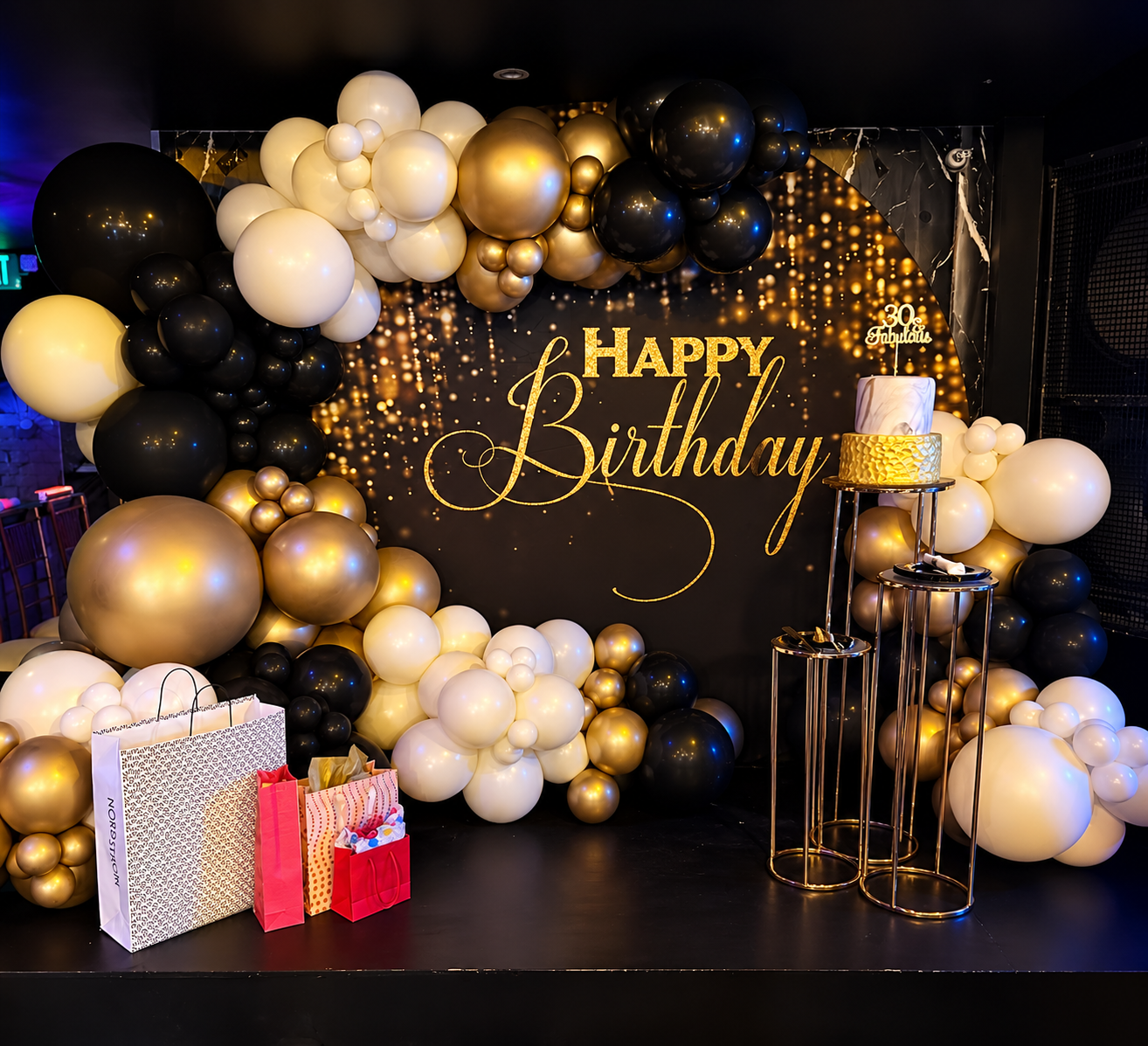 ShanyEvents LLC black gold and ivory 30th birthday balloon backdrop