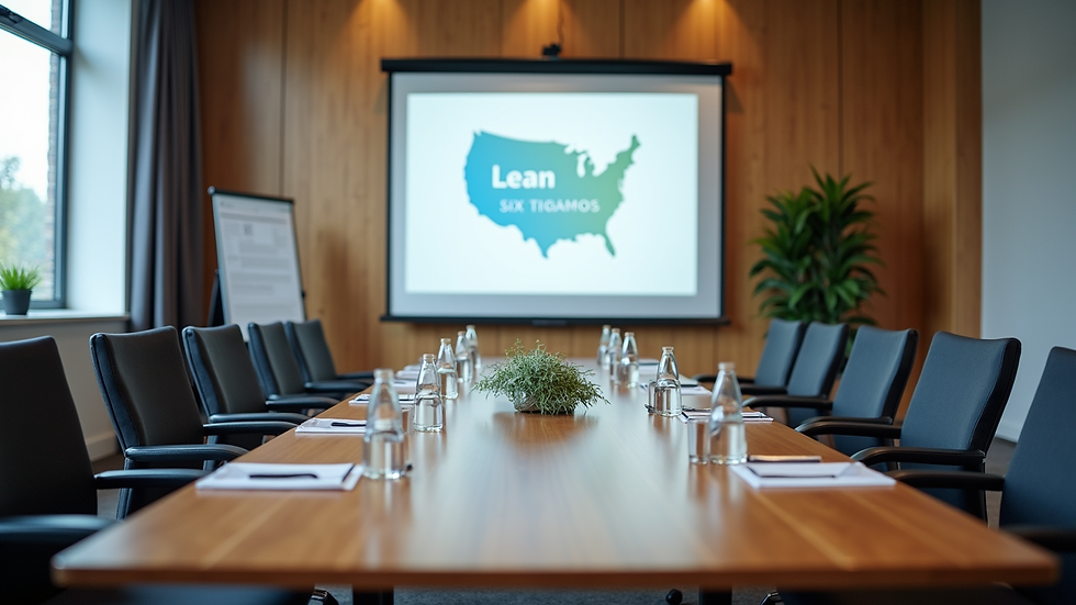 High angle view of a conference room set up for a Lean Six Sigma seminar