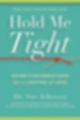 Book cover: "Hold Me Tight" by Dr. Sue Johnson. Teal background, red and beige ropes knotted. Text: "Seven Conversations for a Lifetime of Love."