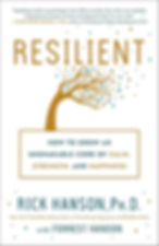 Book cover titled "Resilient" by Rick Hanson, Ph.D., with a stylized tree design and multicolored dots. Subtitle highlights calmness and strength.