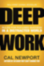 Yellow book cover of "Deep Work" by Cal Newport, with bold black text. Subtitles mention focus and distraction, labeled a bestseller.
