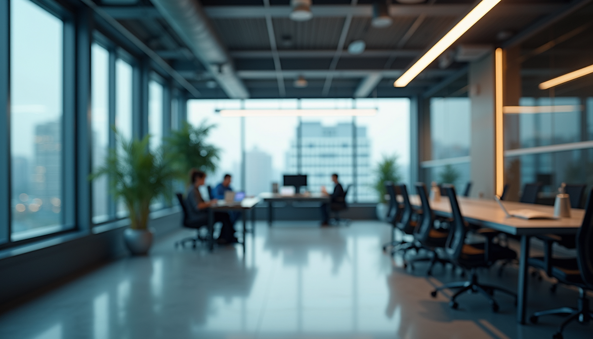 High angle view of a modern office space with technology