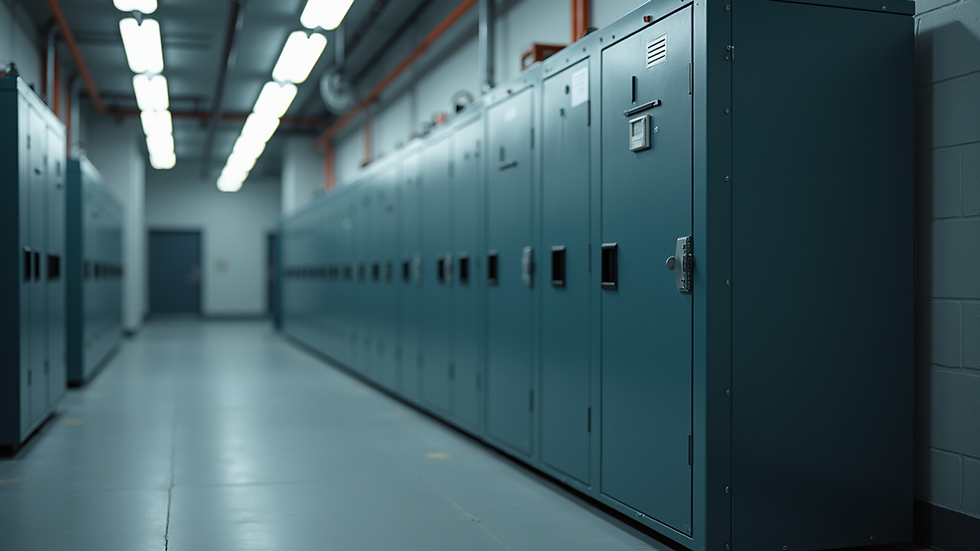 Close-up view of a commercial battery storage unit installed in a utility room