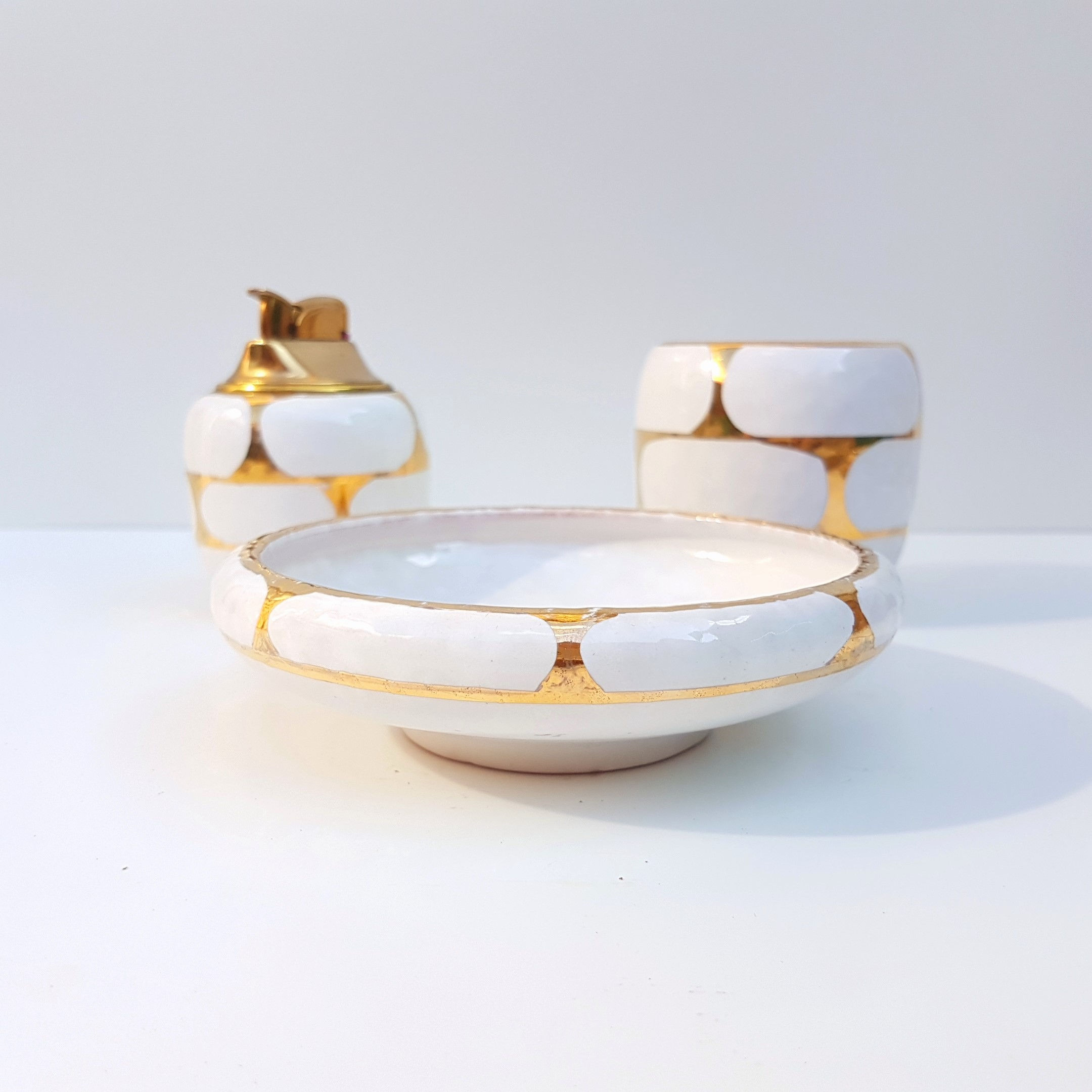 Vintage Bitossi Gold White Smoking Set Bowls Brass USA Lighter Wimbledon London