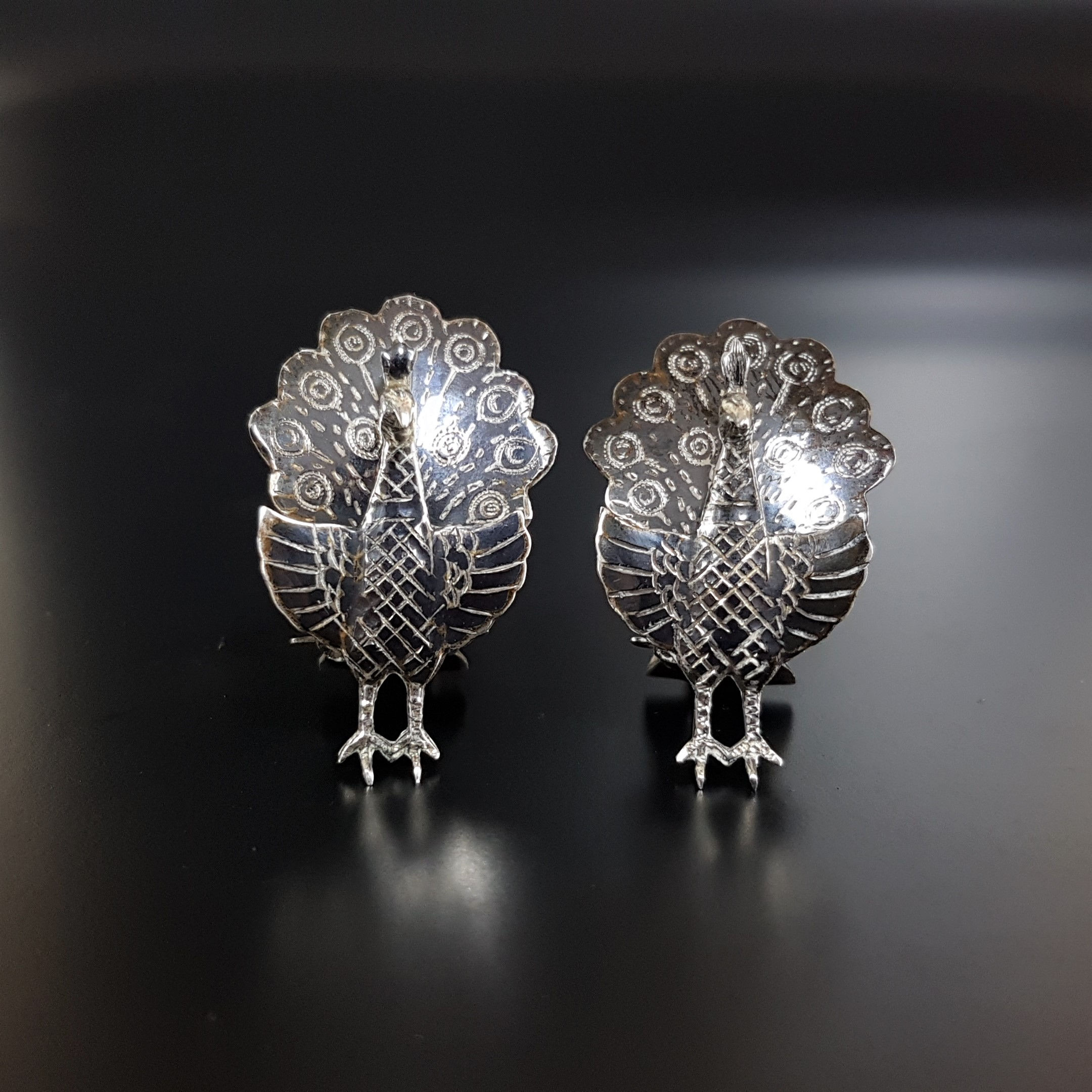 Unusual Vintage Siam Sterling Silver Peacock Clip On 1950's Earrings